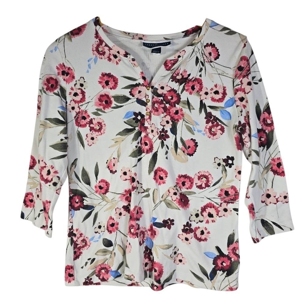 Karen Scott Floral Pink, Red, and Cream Shirt